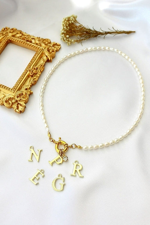 24K Custom Initial  Freshwater Pearls Front Opening Choker