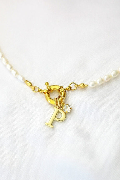 24K Custom Initial  Freshwater Pearls Front Opening Choker