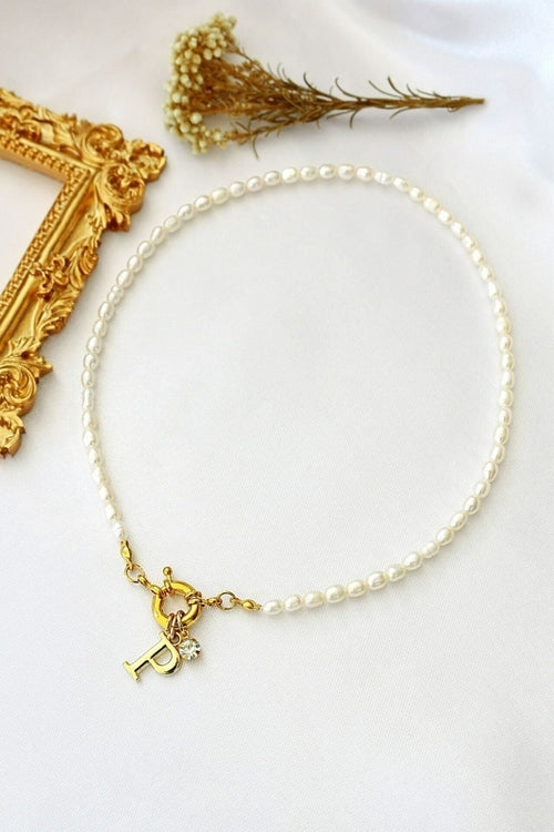 24K Custom Initial  Freshwater Pearls Front Opening Choker